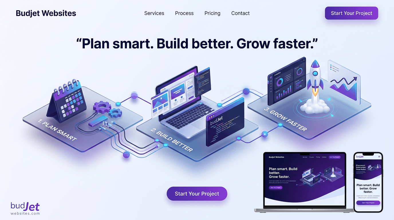 Website development process roadmap by BudJet Websites showing strategy, design, build, launch, and optimization stages.
