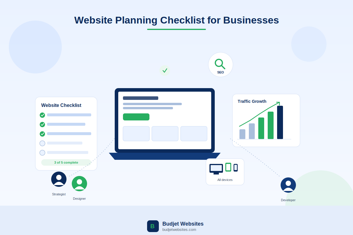 Business team planning a website - checklist, SEO, responsive design, and analytics illustration