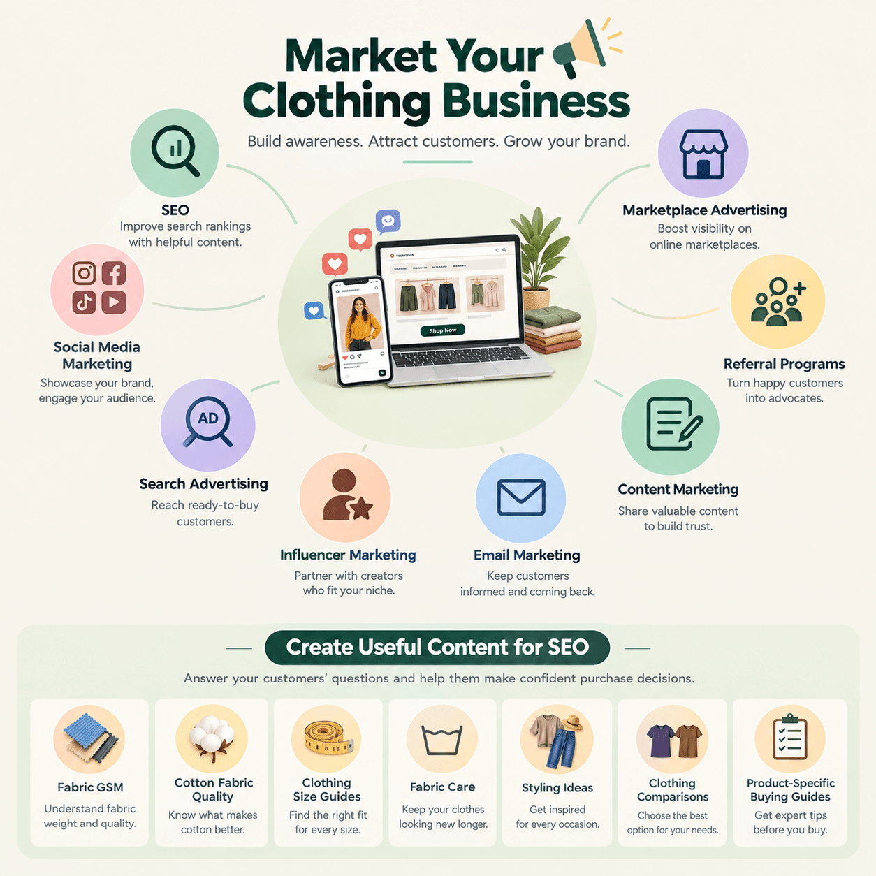 Marketing strategies for growing a clothing business through SEO, social media, advertising and content marketing.