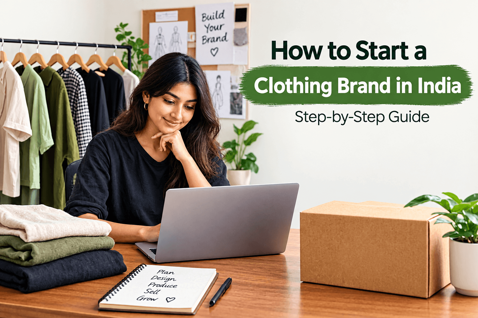 Woman planning a clothing brand in India with clothing rack and workspace