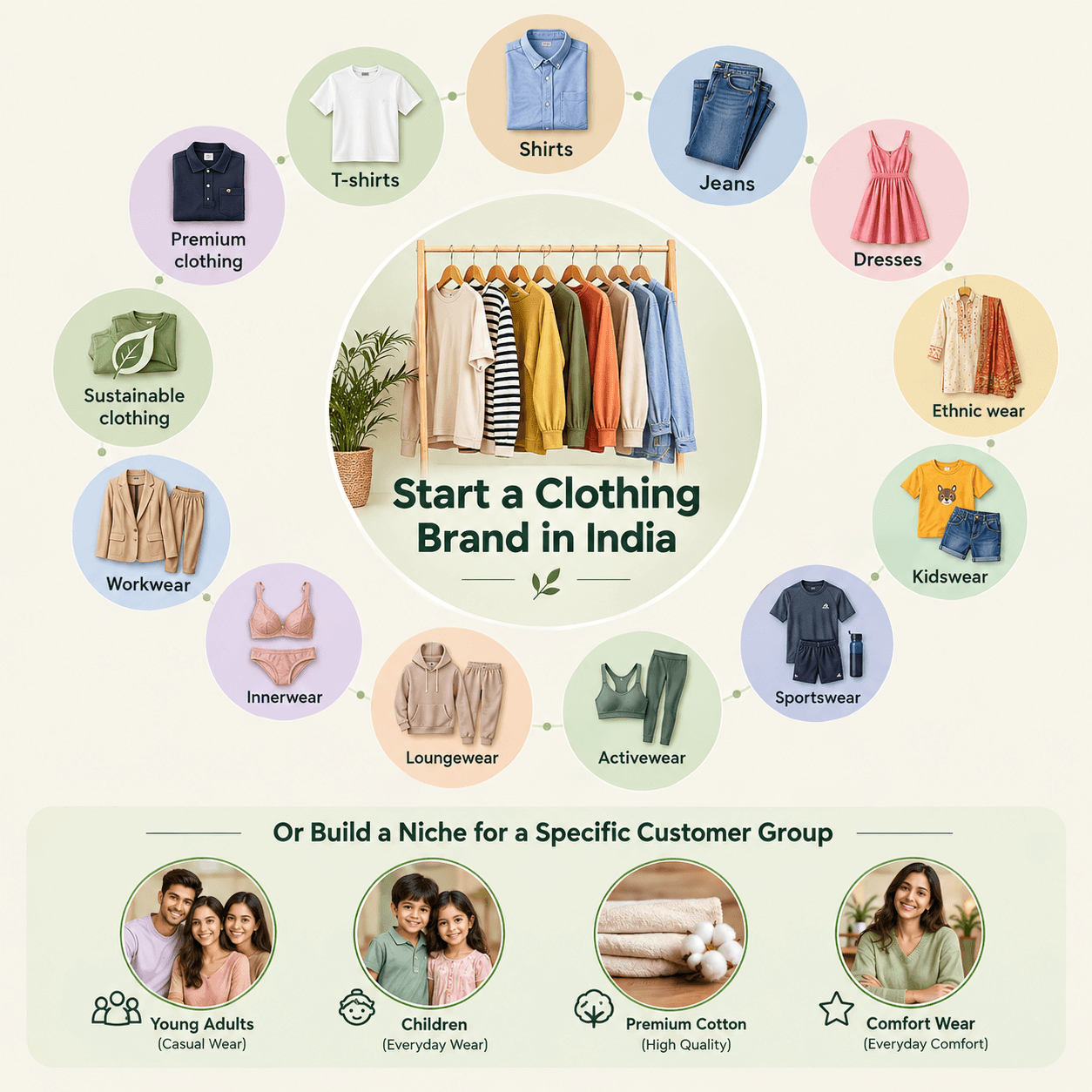 Clothing business categories and niche customer groups infographic for starting a clothing brand in India.