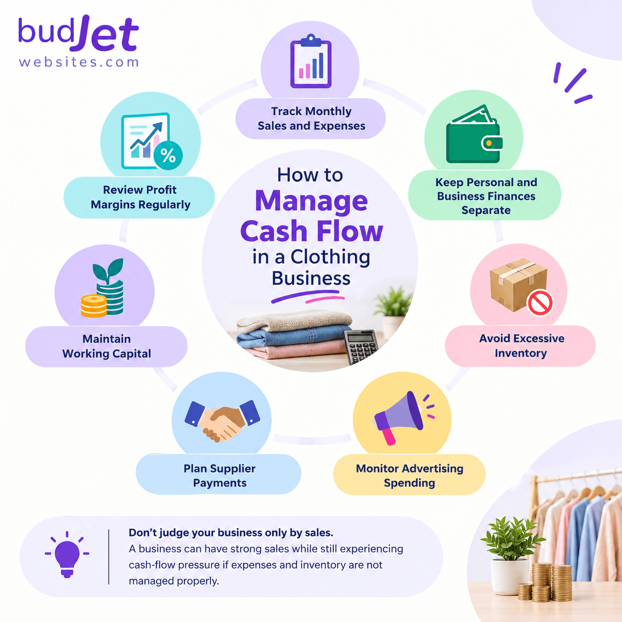 How to manage cash flow in a clothing business with sales, expenses, inventory, supplier payments, and working capital