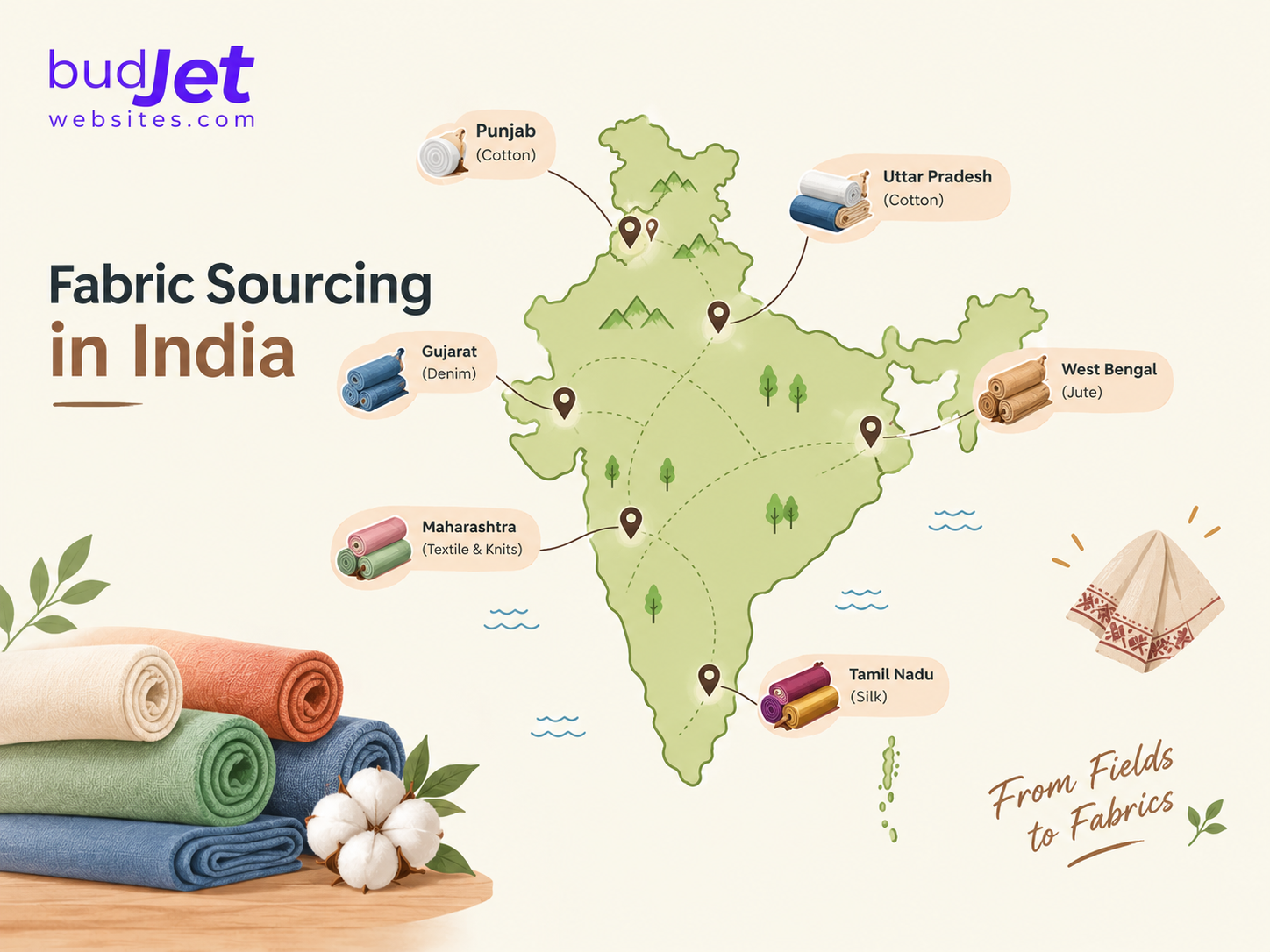 Fabric Sourcing in India Fabric sourcing in India map showing major textile and fabric sourcing regions.