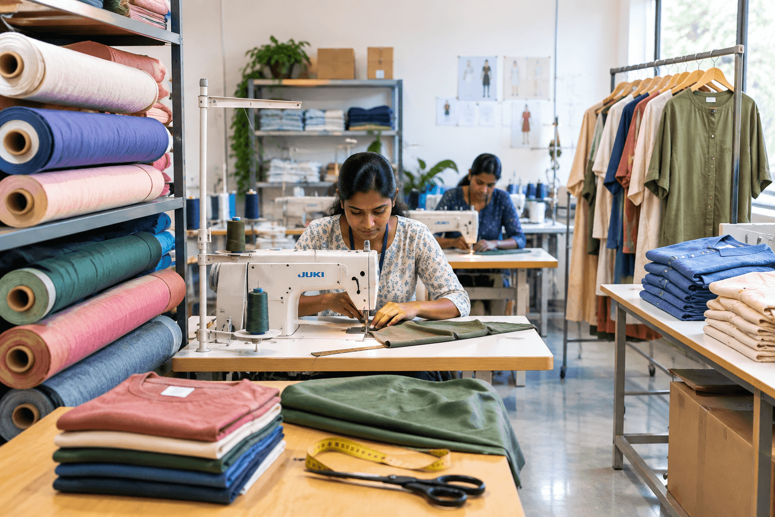 Clothing Production and Fabric Sourcing Clothing production with fabric rolls, sewing machines and finished garments