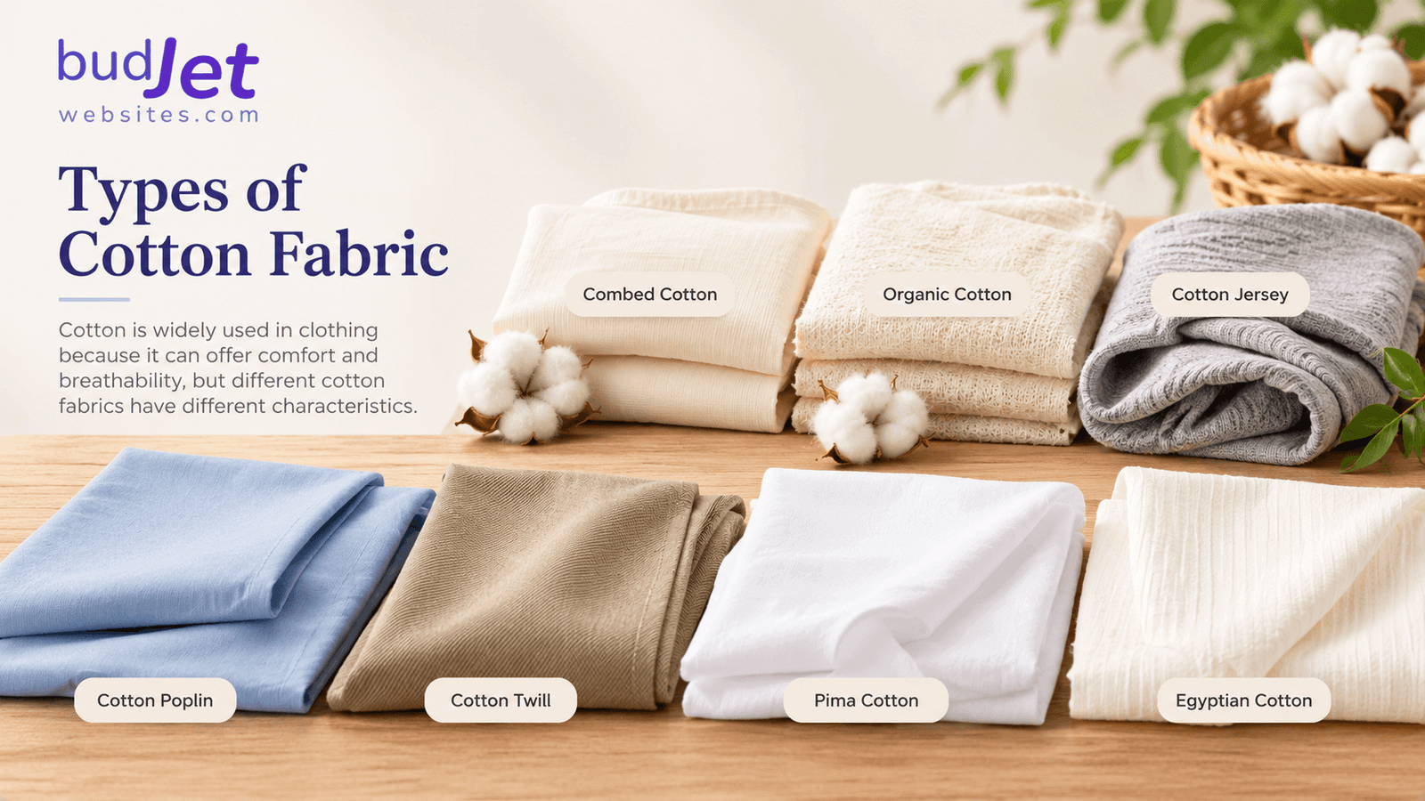 Types of Cotton Fabric Types of cotton fabric including combed, organic, jersey, poplin, twill, Pima, and Egyptian cotton