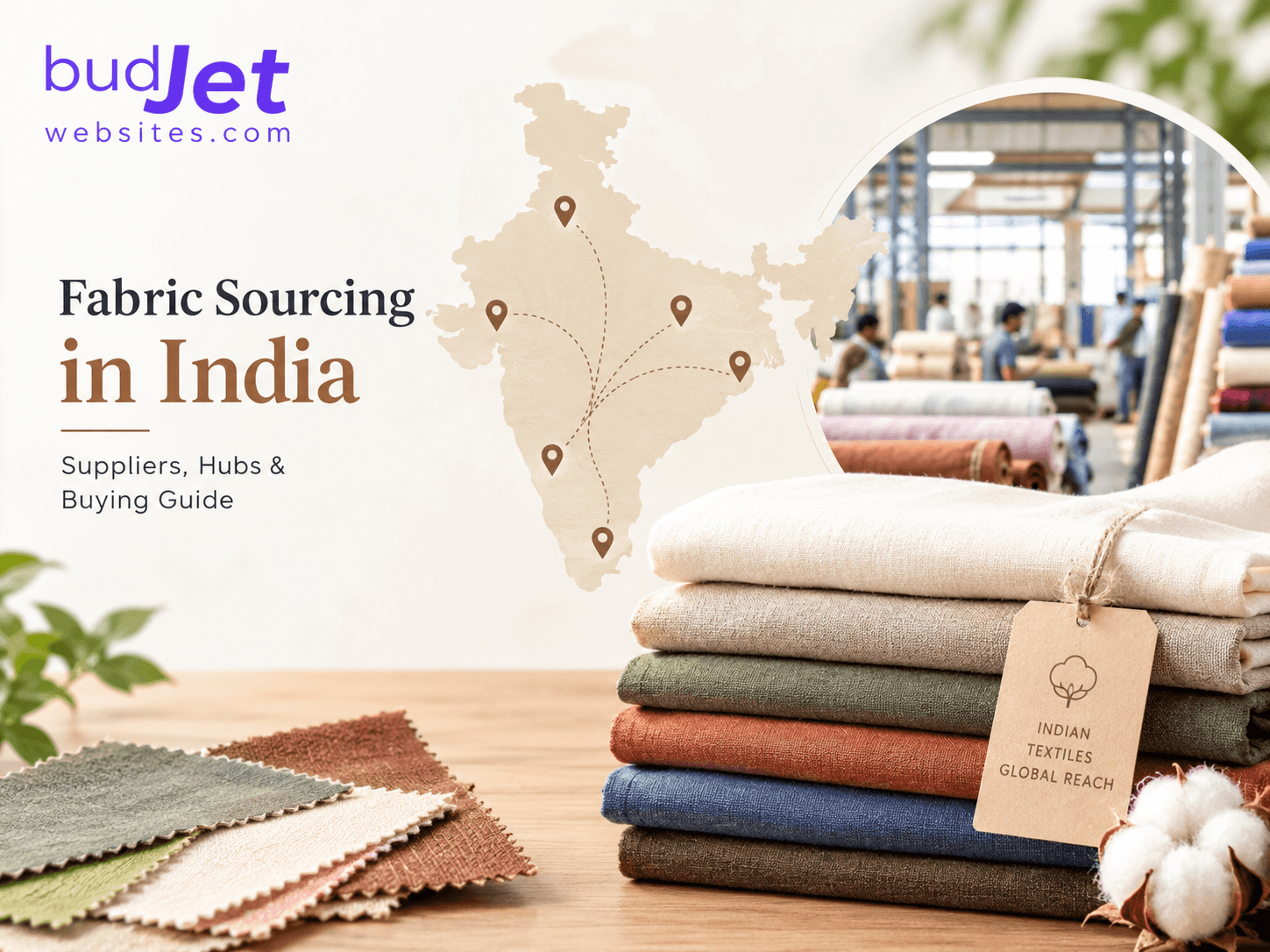 Fabric Sourcing in India Fabric sourcing in India with a map highlighting textile hubs, fabric suppliers, and textile materials.