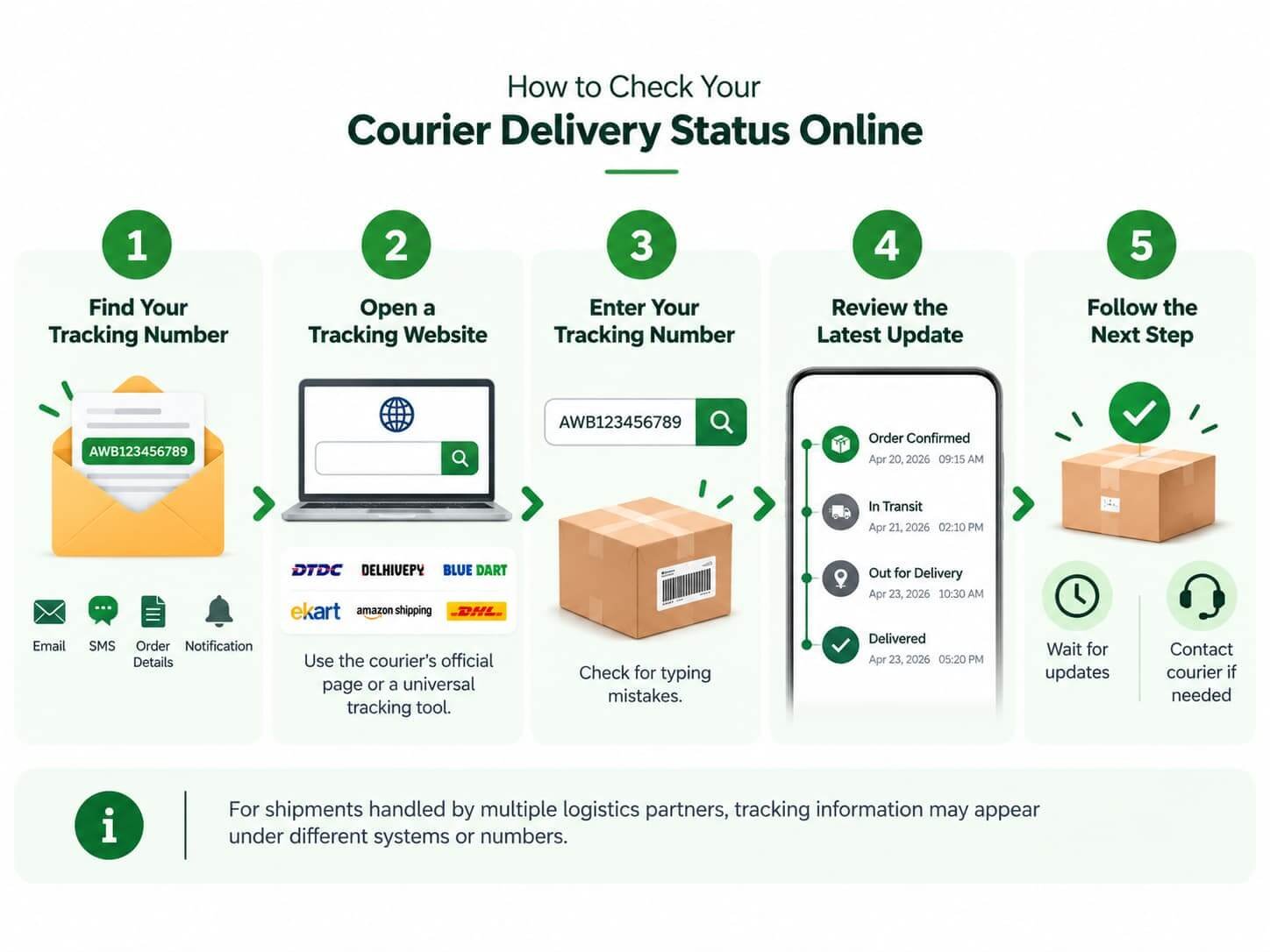 showing 5 steps to check courier delivery status online.