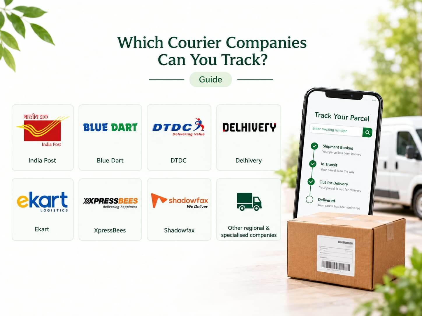 Guide to courier companies supported by parcel tracking services, including India Post, Blue Dart, DTDC, Delhivery, Ekart, XpressBees, and Shadowfax.