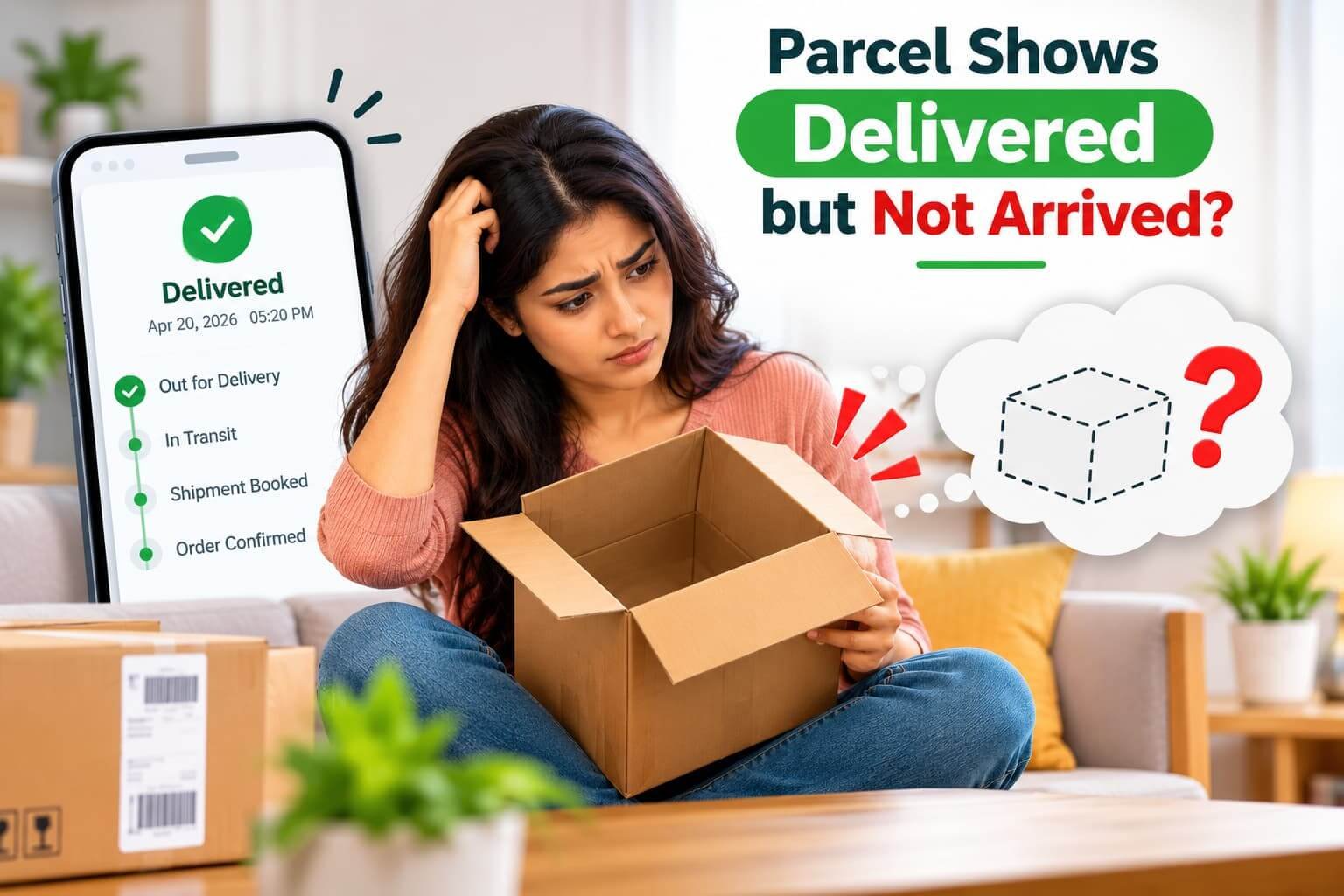Confused woman checking an empty parcel box marked as delivered.