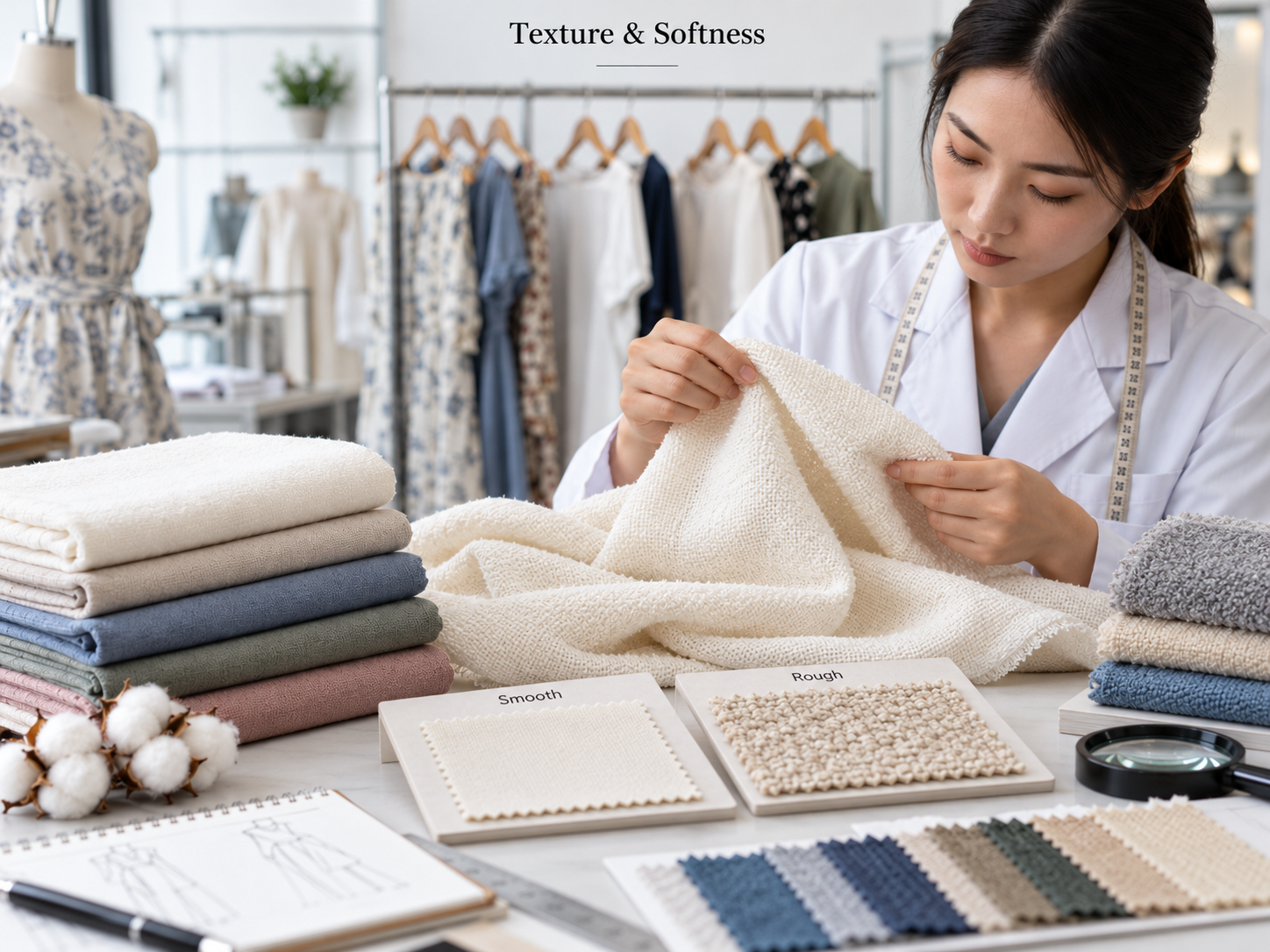Woman reviewing cotton fabric supplier specifications Supplier Specifications
