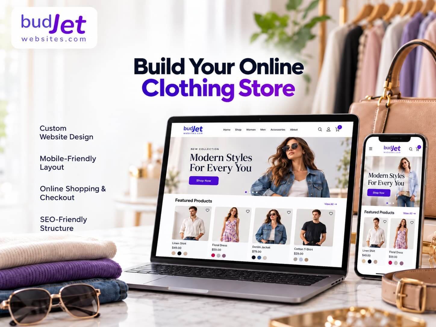 Budjet Websites clothing store displayed on a laptop and smartphone.