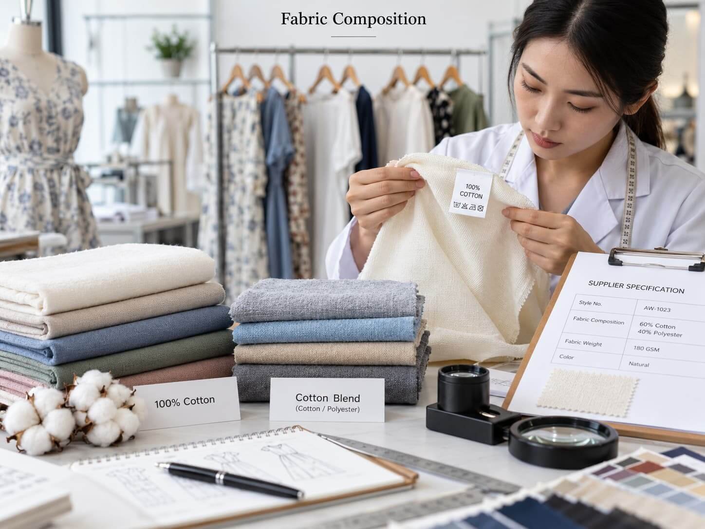 Woman checking cotton fabric composition and labels Fabric Composition