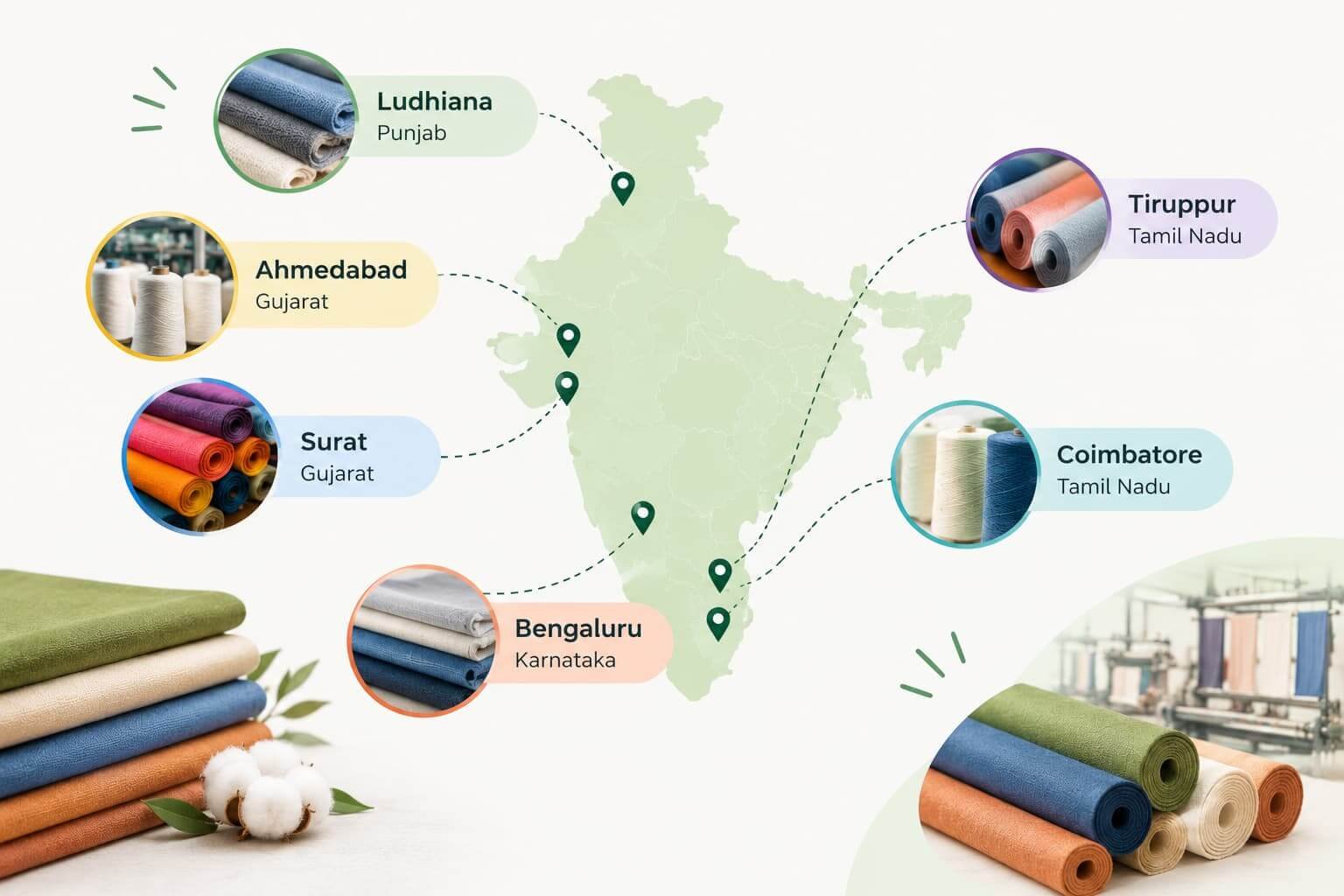 Fabric Sourcing Hubs in India Fabric sourcing hubs in India.