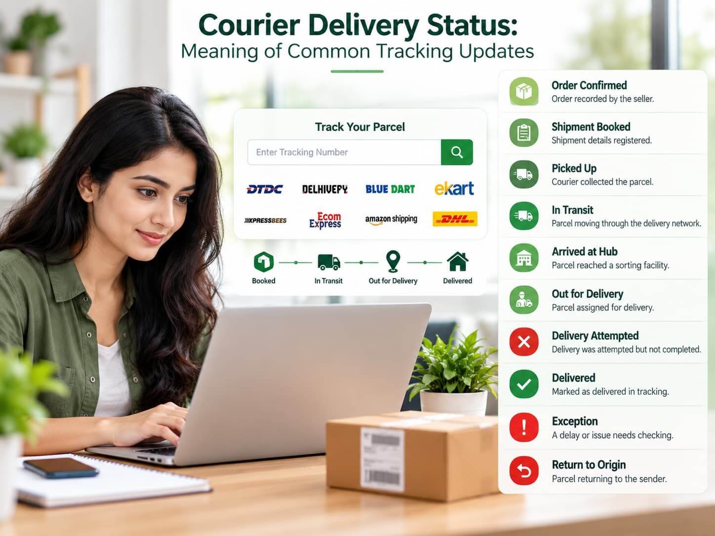 Woman tracking a parcel on a laptop with 10 common courier delivery statuses explained.