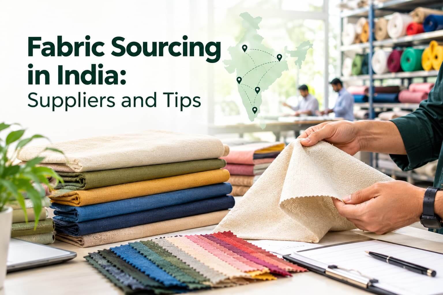 Fabric Sourcing in India: Suppliers and Tips Fabric sourcing in India with fabric samples, textile rolls and supplier quality inspection.
