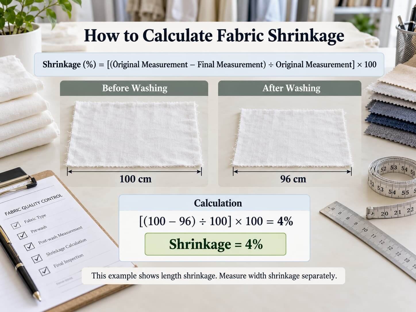 How to Calculate Fabric Shrinkage Fabric shrinkage calculation example showing 100 cm before washing and 96 cm after washing