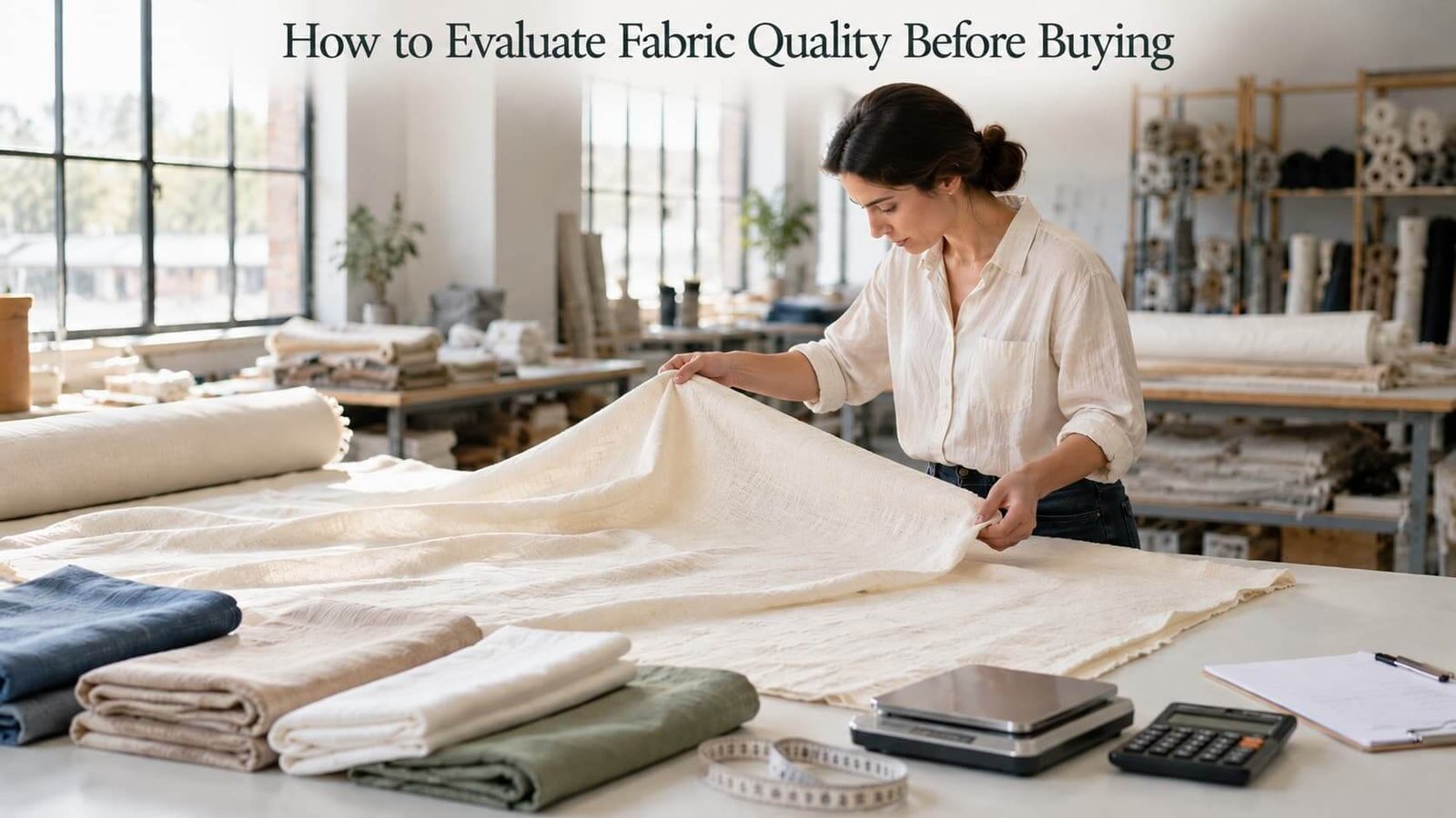 How to Evaluate Fabric Quality Before Buying Textile buyer inspecting cotton fabric quality before purchasing.
