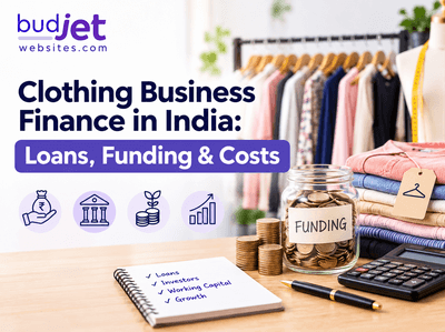 Clothing business finance in India showing loans, funding, working capital, and business costs with clothing racks, coins, and financial icons.